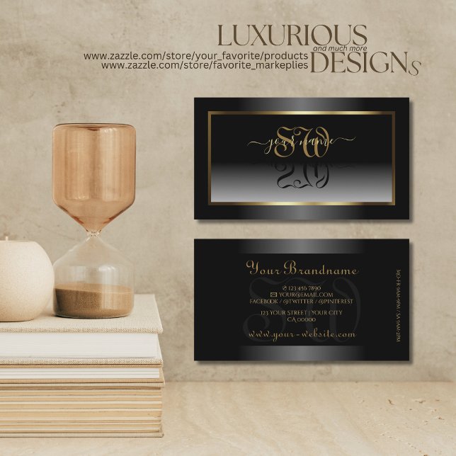 Luxurious Black White Ombre Gold Frame Initials Business Card (Creator Uploaded)