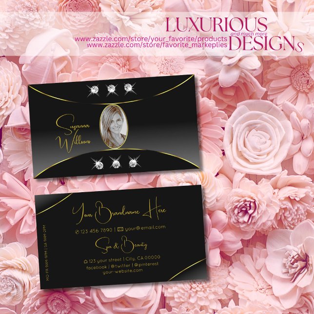 Luxurious Black with Gold Decor Diamonds and Photo Business Card (Creator Uploaded)