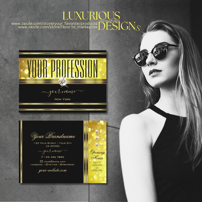 Luxurious Black Yellow Glitter Diamonds Gold Decor Business Card (Creator Uploaded)