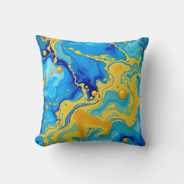 Luxurious Blue and Gold Alcohol Ink Abstract  Cushion (Front)
