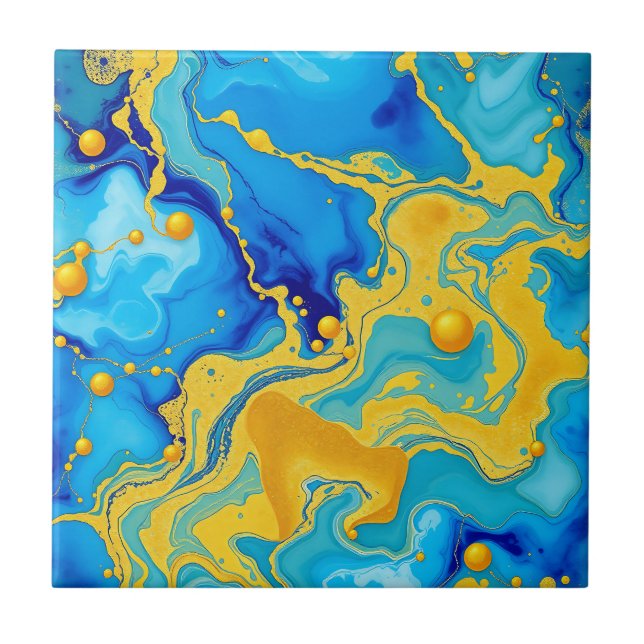 Luxurious Blue and Gold Alcohol Ink Abstract  Tile (Front)