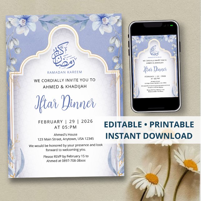Luxurious Blue and Gold Floral Iftar Dinner Invitation (Creator Uploaded)