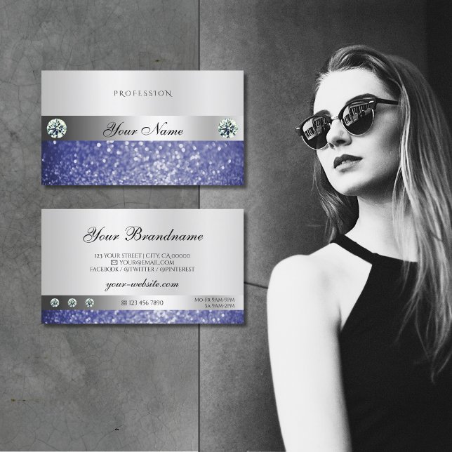 Luxurious Blue Glitter Diamonds Shimmery Silver Business Card (Creator Uploaded)