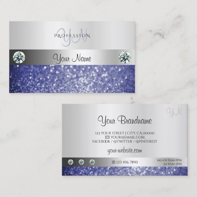 Luxurious Blue Glitter Monogram Shimmery Silver Business Card (Front/Back)