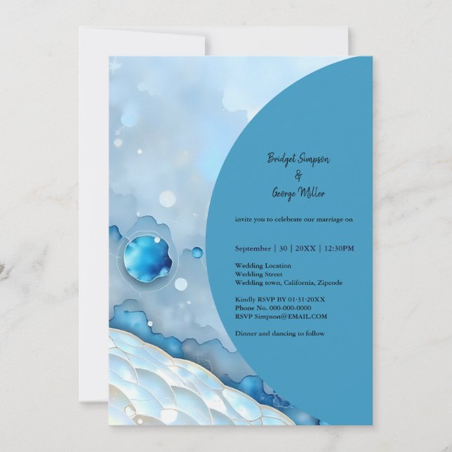 Luxurious Blue Watercolor Abstract Pearlescent Invitation (Front)