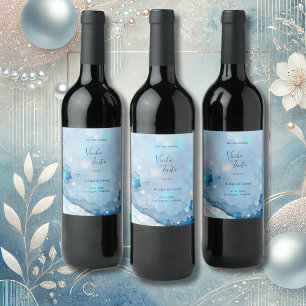Luxurious Blue Watercolor Abstract Pearlescent  Wine Label