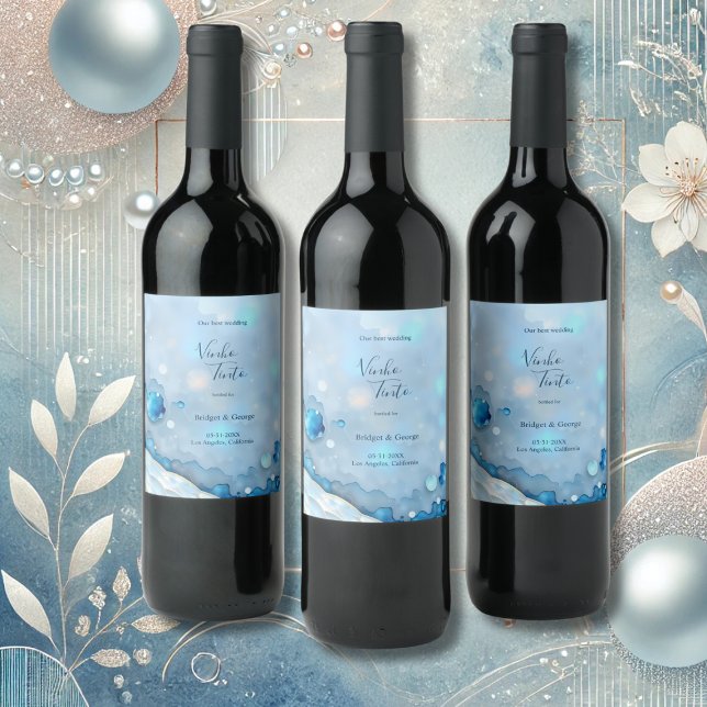 Luxurious Blue Watercolor Abstract Pearlescent  Wine Label (Creator Uploaded)