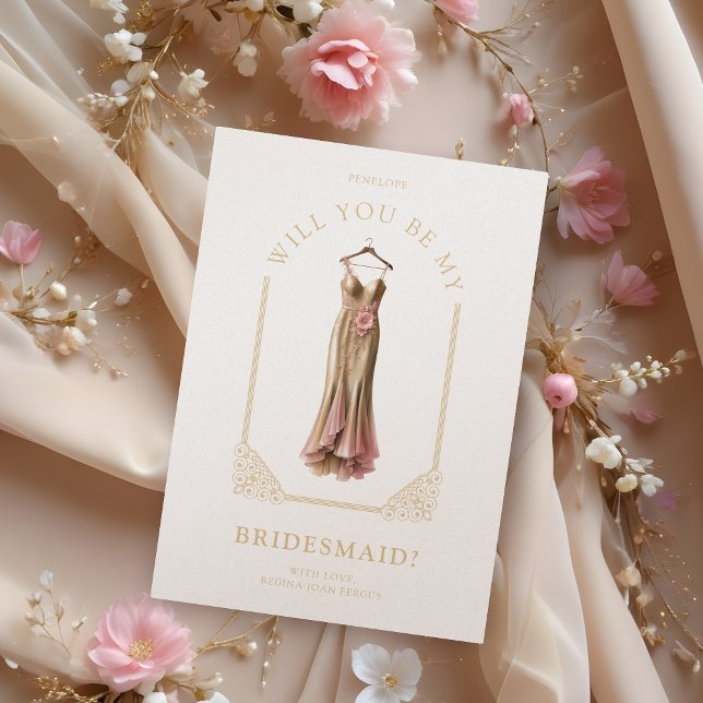 Luxurious Bridesmaid Pink Dress Ornamental Dome (Luxurious Champagne Mermaid Dress with Pink Details and Flowers Bridesmaid Proposal Card.)