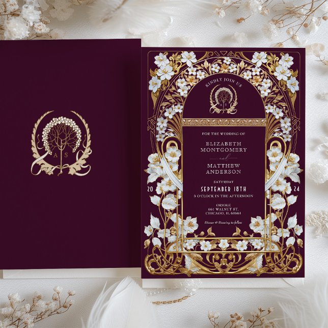 Luxurious Burgundy & Antique Gold Floral Wedding Invitation (Creator Uploaded)