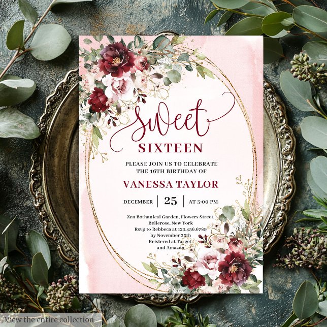 Luxurious Burgundy Blush Floral Sweet Sixteen Card (Luxurious Burgundy Blush Floral Sweet Sixteen Invite

)