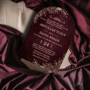 Luxurious Burgundy Floral Islamic Arch Wedding Invitation