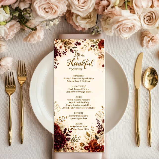 Luxurious Burgundy Floral Thanksgiving Dinner Menu (Creator Uploaded)