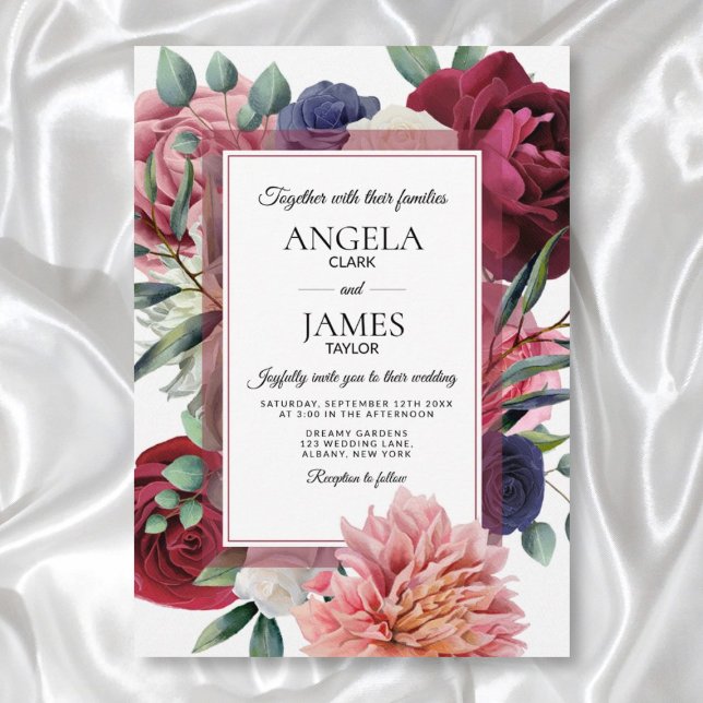 Luxurious Burgundy Pink Navy Blooms Invitation (Creator Uploaded)