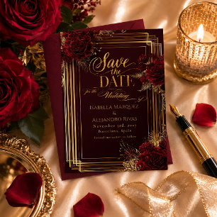Luxurious Burgundy Rose Gold Flamenco Save The Date