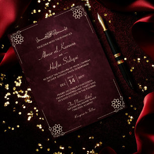Luxurious Burgundy Vintage Gold Islamic Wedding Invitation