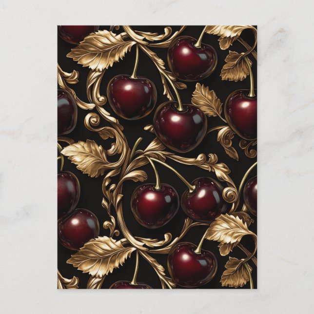 Luxurious Cherry and Gold Baroque Seamless Pattern Postcard (Front)