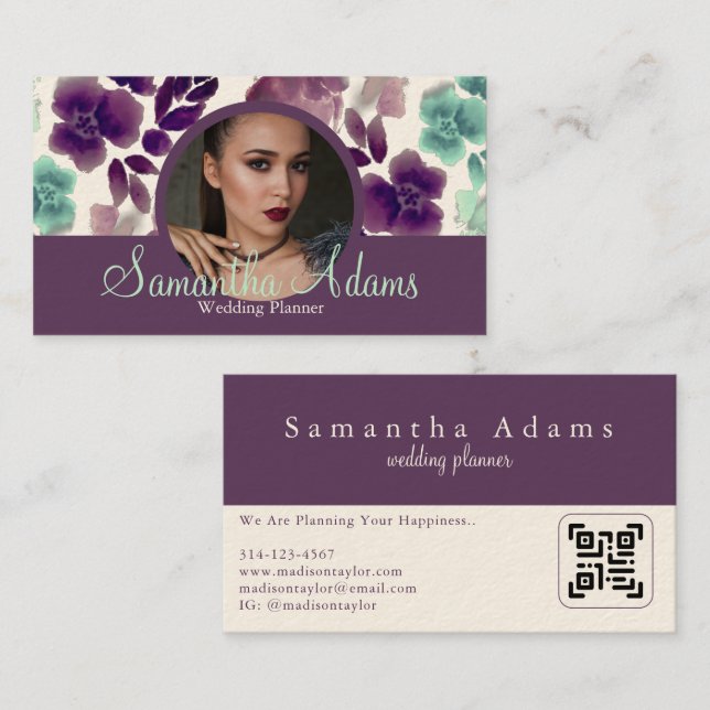 Luxurious Chic Burgundy and Blue Floral Photo Business Card (Front/Back)