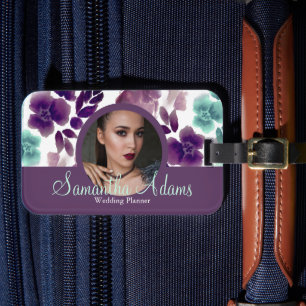 Luxurious Chic Burgundy and Blue Floral Photo Luggage Tag