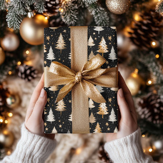Luxurious Christmas Tree Pattern in Gold, Silver Wrapping Paper
