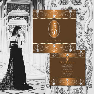 Luxurious Cinnamon Brown Orange Ornaments Monogram Square Business Card