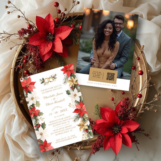 Luxurious Colorful Christmas Botanical & Floral Invitation (Luxurious Colorful Christmas Botanical and Floral Frame Wedding Invitations Cards with Back QR.)