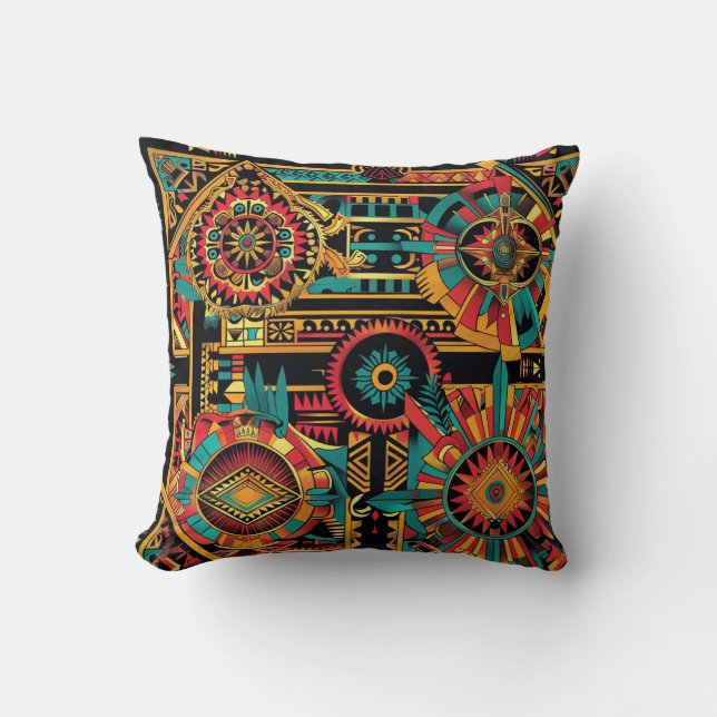 Luxurious Cyan "Aztec Dream" Pattern Throw Cushion (Front)