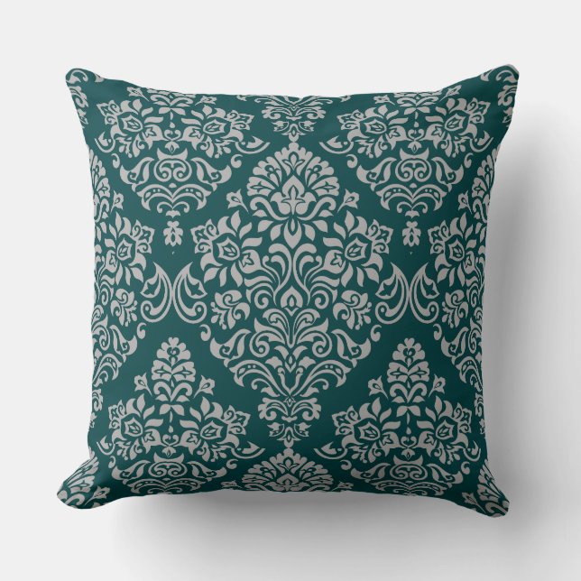 Luxurious Damask Pattern on Deep Turquoise Colour Cushion (Front)