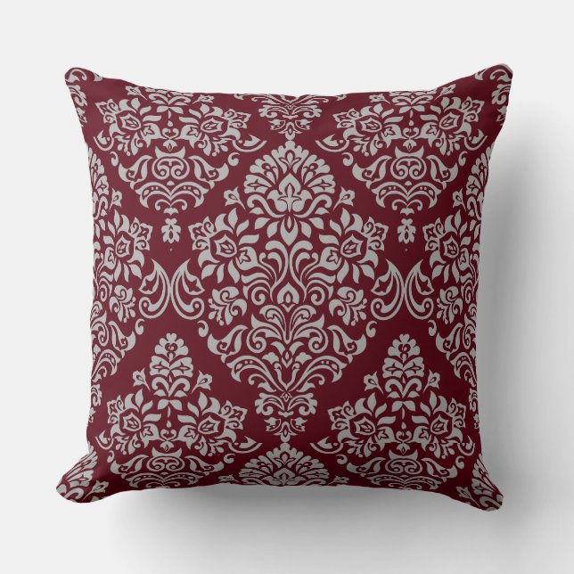 Luxurious Damask Pattern on Rich and Deep Burgundy Cushion (Front)