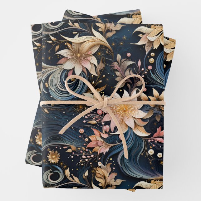 Luxurious Dark Blue Botanical Garden Wrapping Paper Sheet (In situ)