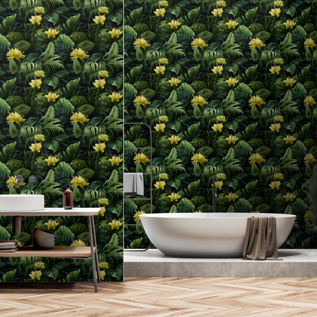Luxurious Dark Green Tropical Leaves Wallpaper (Bathroom)
