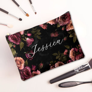 Luxurious Dark Pink Burgundy Botanical Floral Accessory Pouch