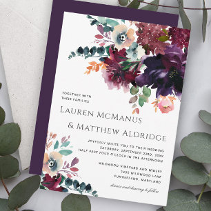 Luxurious Dark Purple Watercolor Bouquet Wedding Invitation