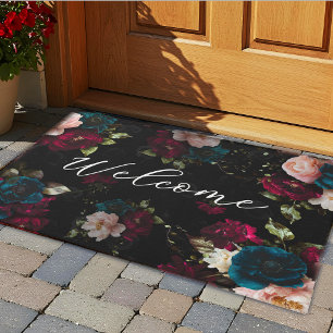 Luxurious Dark red turquoise Floral Art monogram Doormat