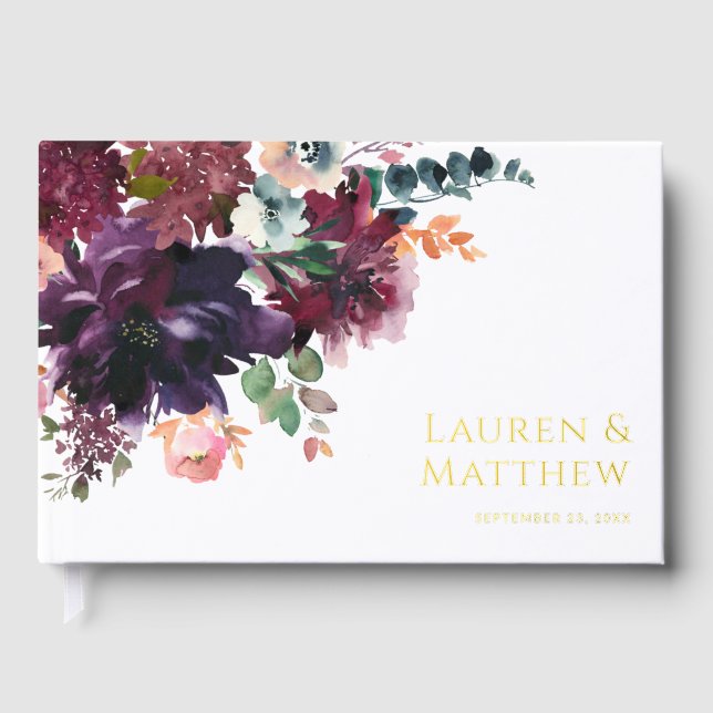 Luxurious Dark Watercolor Floral Wedding Guest Book (Front)