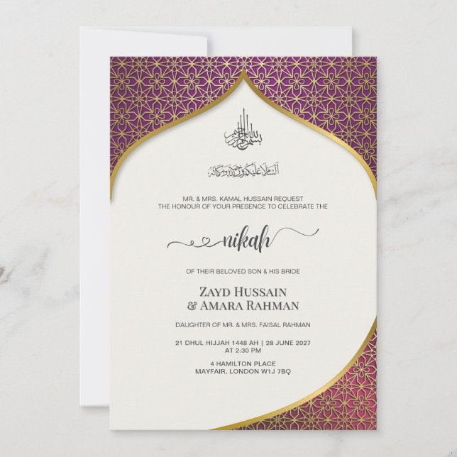 Luxurious Deep Purple & Gold Geometric Islamic Invitation (Front)