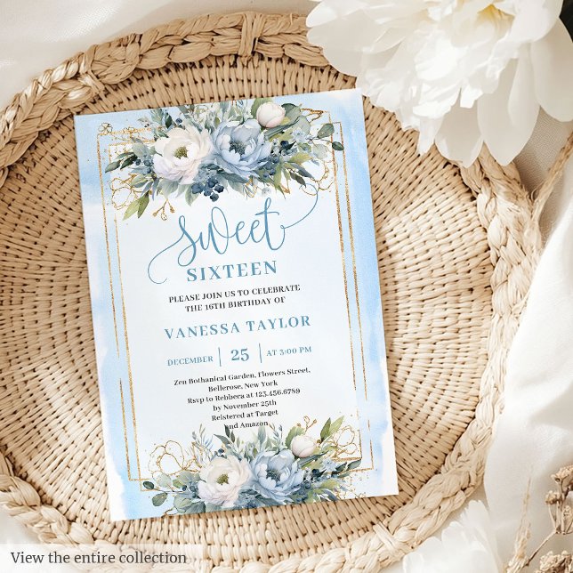 Luxurious Dusty Blue White Gold Flowers Sweet 16  Invitation (Luxurious Dusty Blue White Gold Flowers Sweet 16 Invitation)