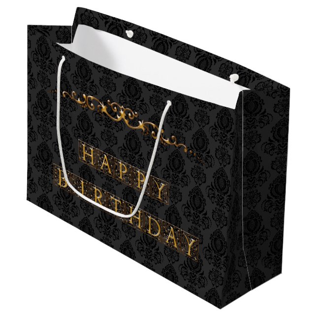 Luxurious, Elegant Black and Gold Happy Birthday Large Gift Bag (Front Angled)
