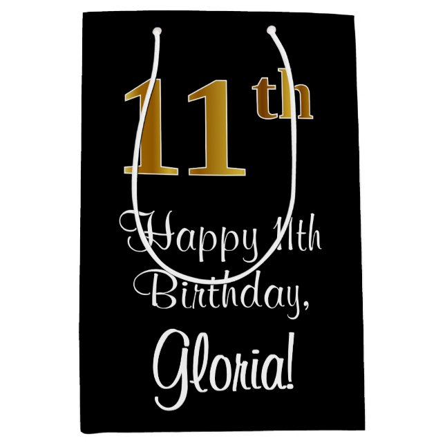 Luxurious, Elegant, Faux Gold Look 11th Birthday Medium Gift Bag (Front)
