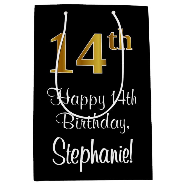 Luxurious, Elegant, Faux Gold Look 14th Birthday Medium Gift Bag (Front)