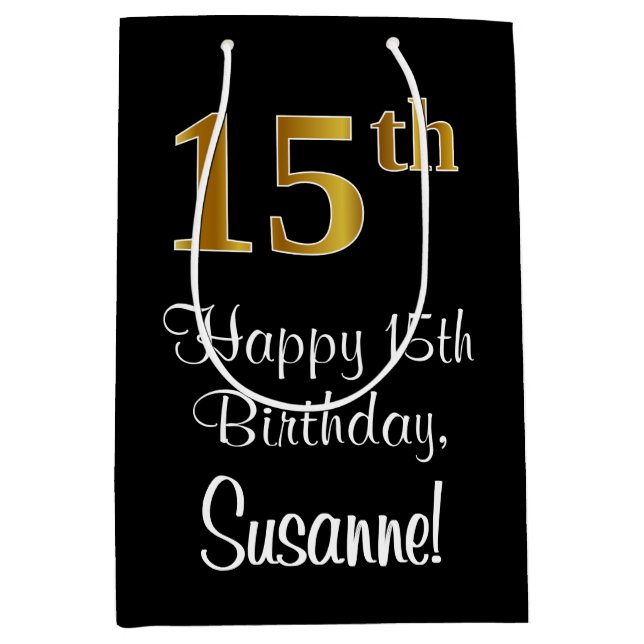 Luxurious, Elegant, Faux Gold Look 15th Birthday Medium Gift Bag (Front)