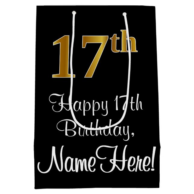 Luxurious, Elegant, Faux Gold Look 17th Birthday Medium Gift Bag (Back)