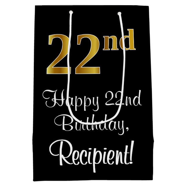 Luxurious, Elegant, Faux Gold Look 22nd Birthday Medium Gift Bag (Back)