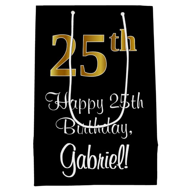 Luxurious, Elegant, Faux Gold Look 25th Birthday Medium Gift Bag (Back)