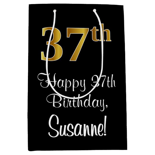 Luxurious, Elegant, Faux Gold Look 37th Birthday Medium Gift Bag (Front)