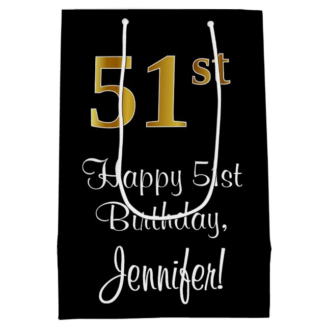 Luxurious, Elegant, Faux Gold Look 51st Birthday Medium Gift Bag (Back)