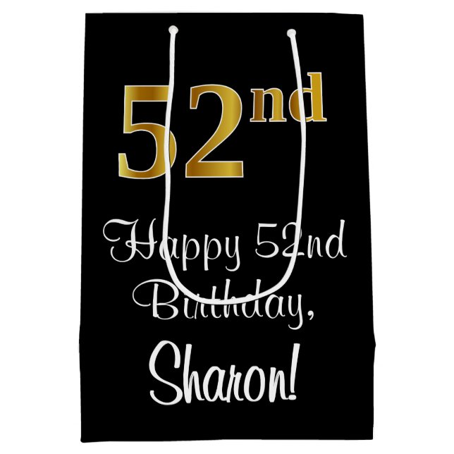 Luxurious, Elegant, Faux Gold Look 52nd Birthday Medium Gift Bag (Back)