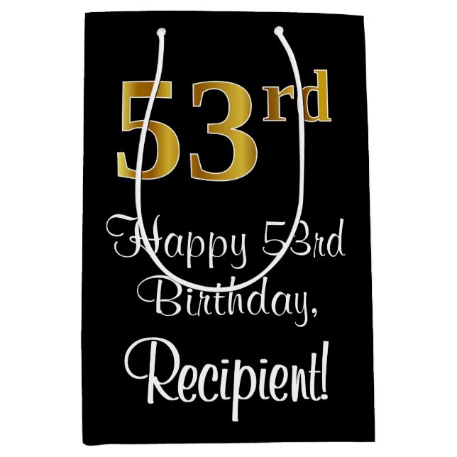Luxurious, Elegant, Faux Gold Look 53rd Birthday Medium Gift Bag (Front)