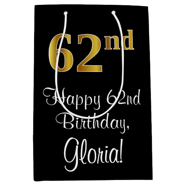 Luxurious, Elegant, Faux Gold Look 62nd Birthday Medium Gift Bag (Front)
