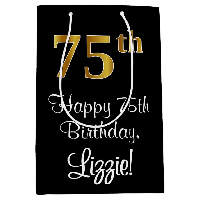 Luxurious, Elegant, Faux Gold Look 75th Birthday Medium Gift Bag (Front)
