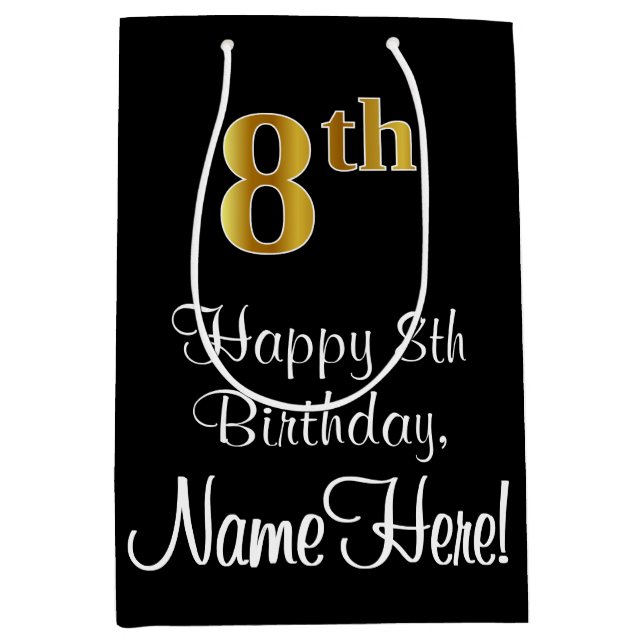 Luxurious, Elegant, Faux Gold Look 8th Birthday Medium Gift Bag (Front)